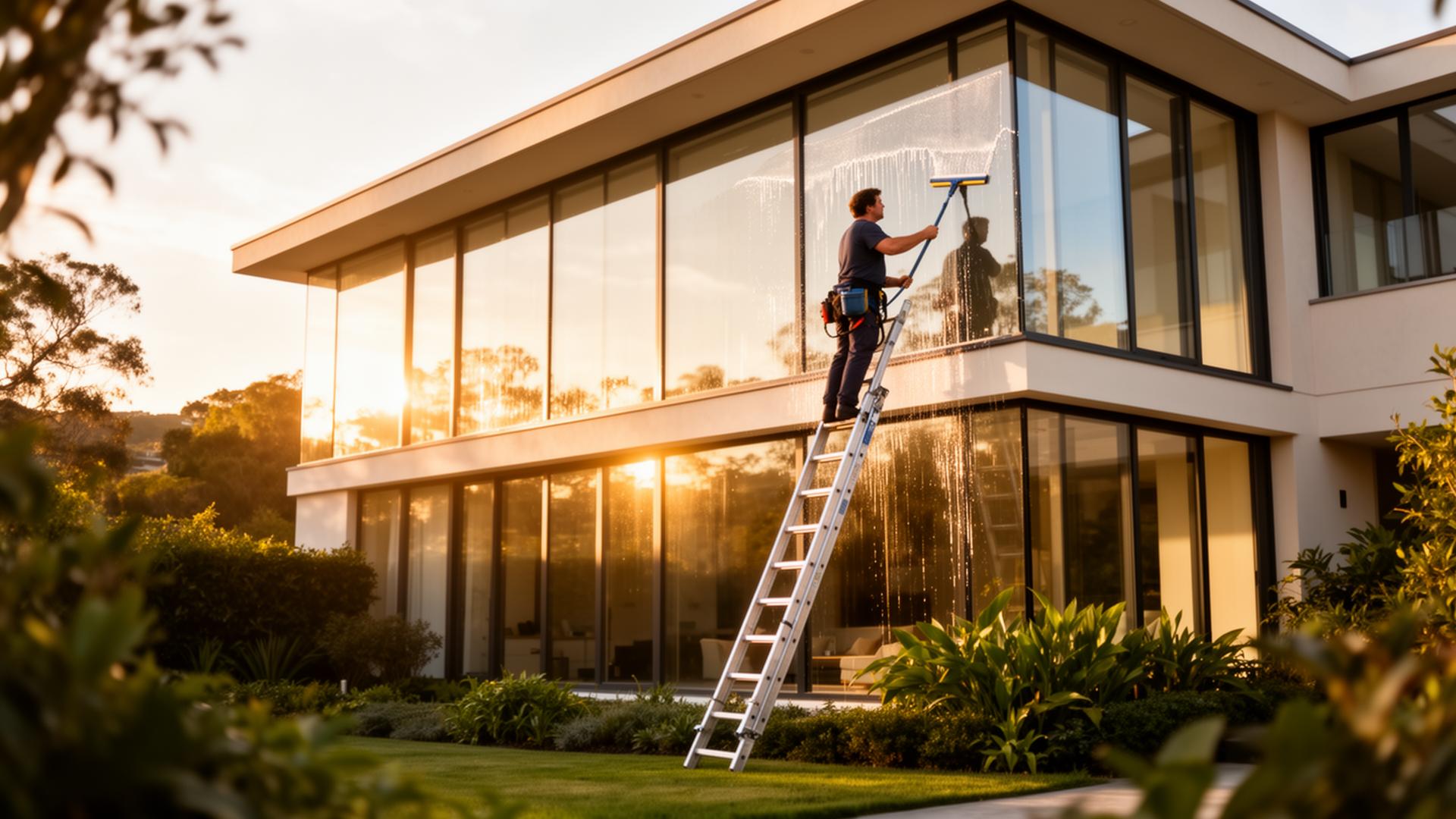 Professional residential window cleaner washing windows on an Omaha home at golden hour